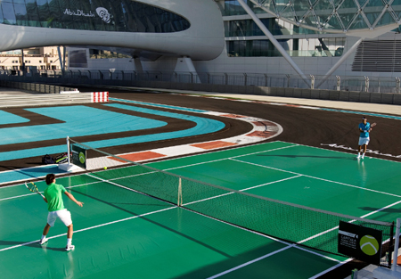 Roger Federer and Rafael Nadal enjoy ’Tennis on the Track’ ahead of the Capitala World Tennis Championship