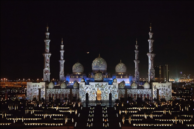 Sheikh Zayed Grand Mosque lit up in stunning light display