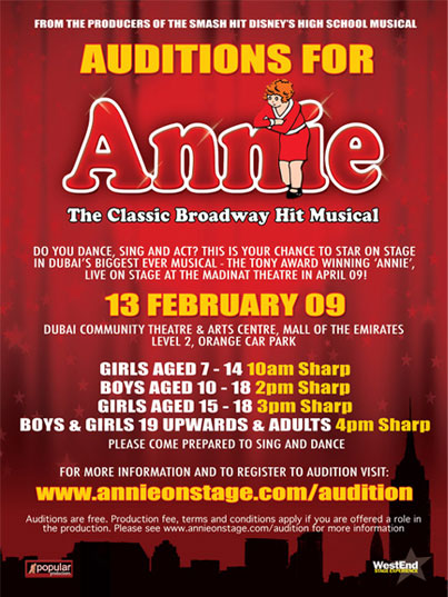 Annie auditions are on February 13th at Dubai Community Theatre and Arts Centre, Mall of the Emirates.